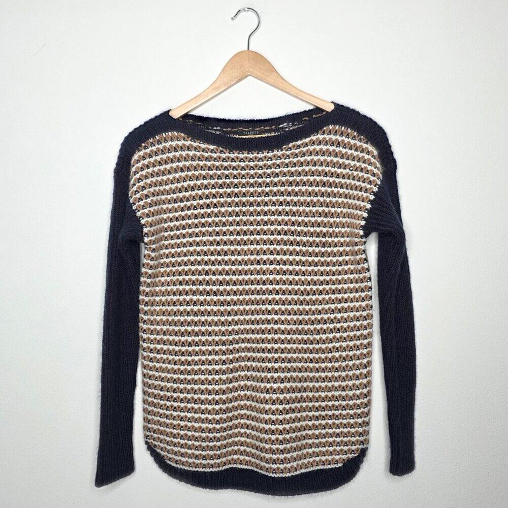 Talbots Textured Wool Blend Fair Isle Knit Sweater Navy Brown White Crew Neck